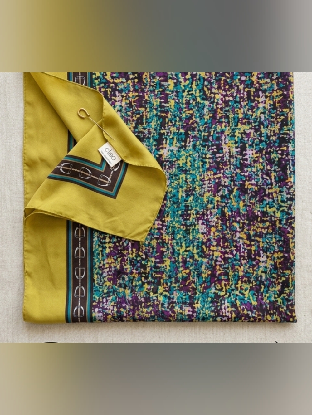 Cleo Silk-feel Square Scarf-Vibrant Abstract Print Mustard&Purple Equestrian